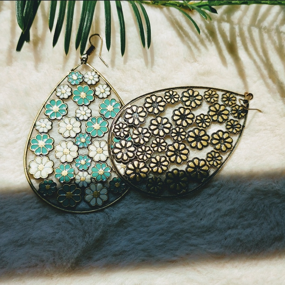 Large Faux Enamel Bronze Tone Teardrop Dangle Earrings, boho, Southwestern, Boho - Picture 4 of 6